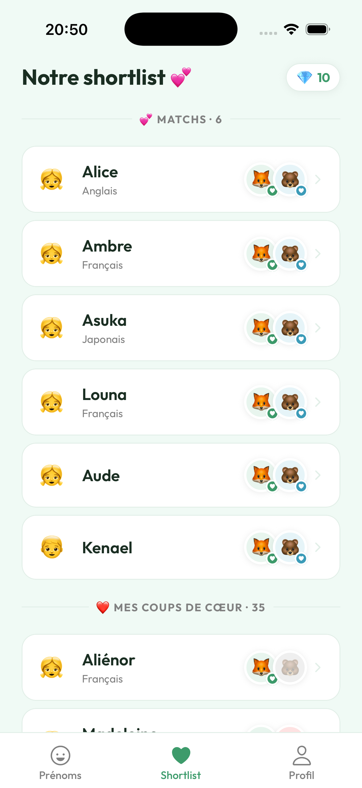 Shortlist commune avec vos matchs
